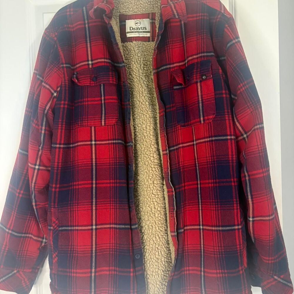 Men's Dravus Faux Fur Lined Red and Navy Plaid Jacket / Shacket Size XL
